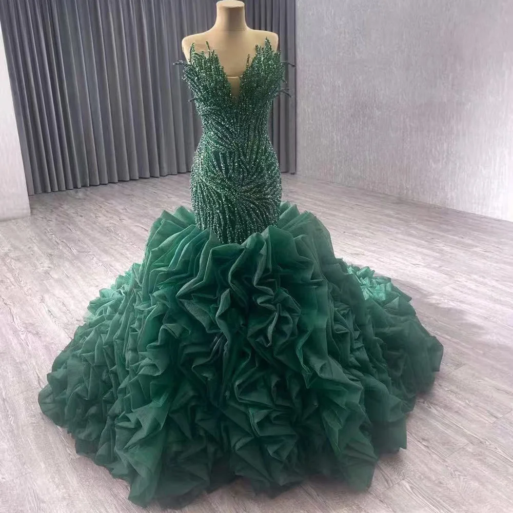 Green Sleeveless Sweetheart Evening Dress Pearl Beaded Lace Vestido De Gala Noche Mujer With Ruffles For Special Occasions