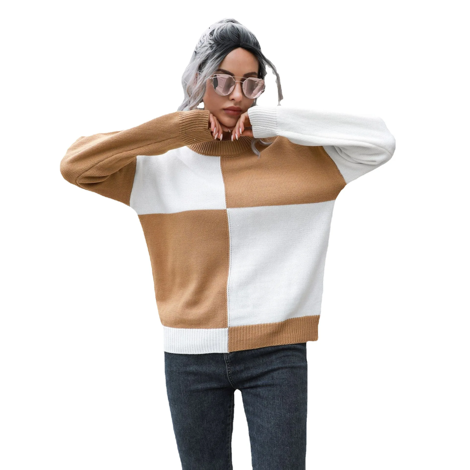 

Casual Women's Clothing SweatersJumpers Pullovers Halloween Chessboard Grid Sweater Female Loose Autumn And Winter Long -Sleeved
