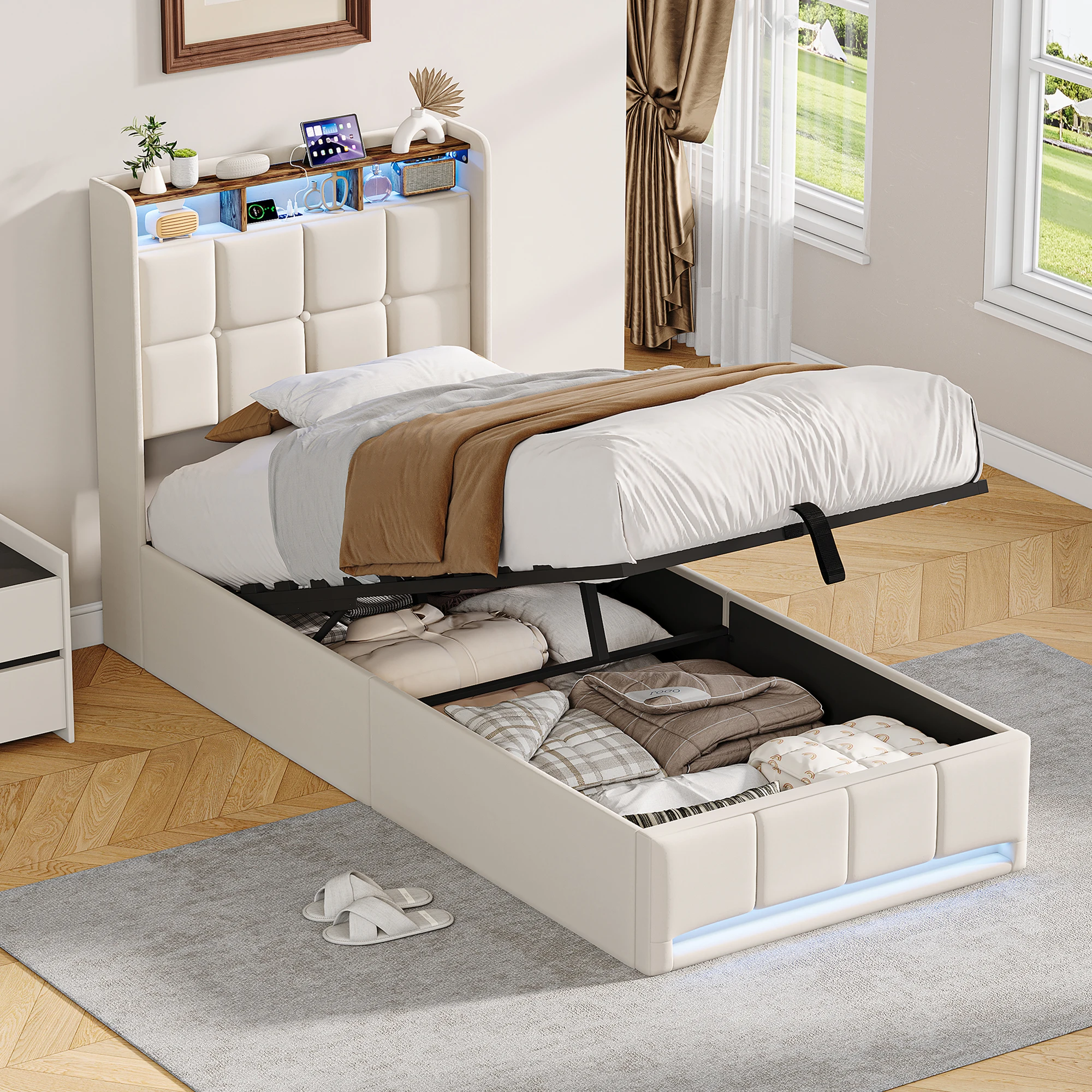 Comanlai Hydraulisches Bett mit Stauraum, 90 x 200 cm, gepolstertes Bett mit Lattenrost und Stauraum, Einzelbett, ohne Matratze, Leinen, Beige.