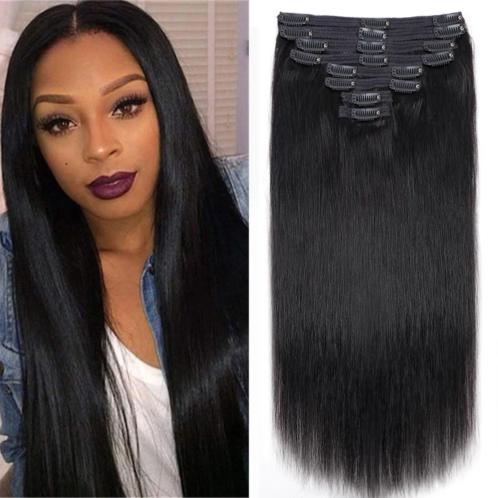 Clip in Human Hair Extensions Straight Natural Black Clip in Hair Extensions for Women Remy Human Hair Seamless Clip on Hair 1B