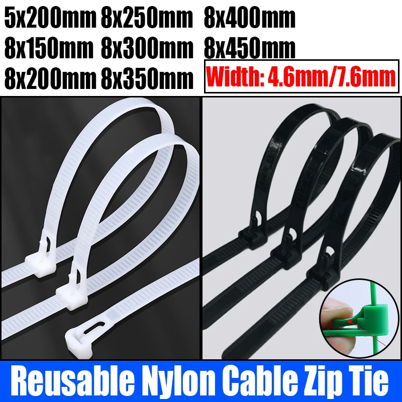 

100PCS White/Black Reusable Plastic Nylon Cable Zip Tie Releasable Fixed Binding Disassembly Reuse May Loose Nylon Cable Tie