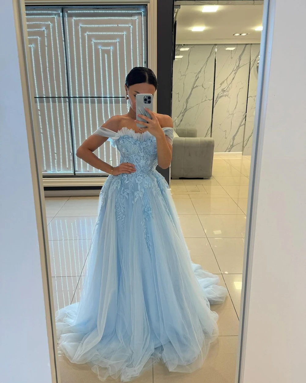 Msikoods Elegant Light Blue Customized Tulle Prom Dress Off Shoulder Floral Appliques Princess Women Evening Wedding Party Gown