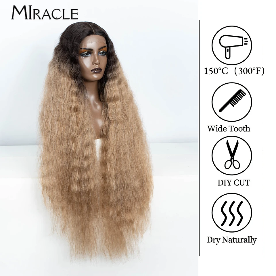 MIRACLE Synthetic Lace Front Wig For Women 40Inch Cosplay Wig Super Long Wavy Lace Wig Heat Resistant Ombre Blonde Wig Curly Wig image 2