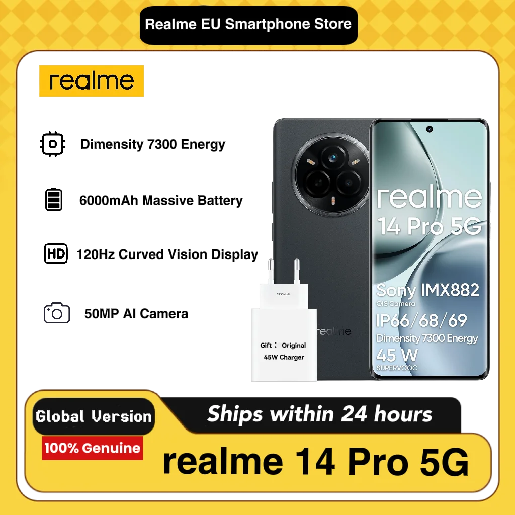 Smartphone realme 14 Pro 5G, 8 Go + 256 Go, batterie 5130 mAh, appareil photo IA Sony IMX882 OIS, design à changement de couleur (chargeur 45 W inclus)