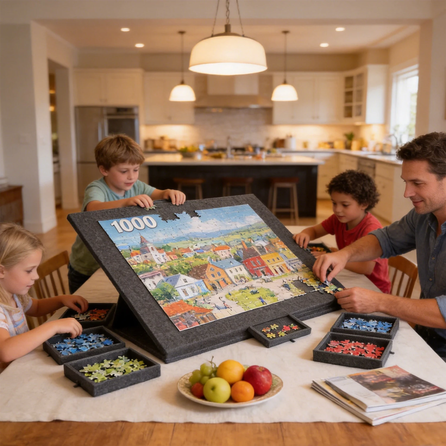 2-in-1 Kippbare Filzpuzzle-Plattform mit 6 Sortierschubladen, 1000-teiliges Puzzlebrett, leicht, rutschfest und tragbar, 2-in-1 Ständer und Aufbewahrung