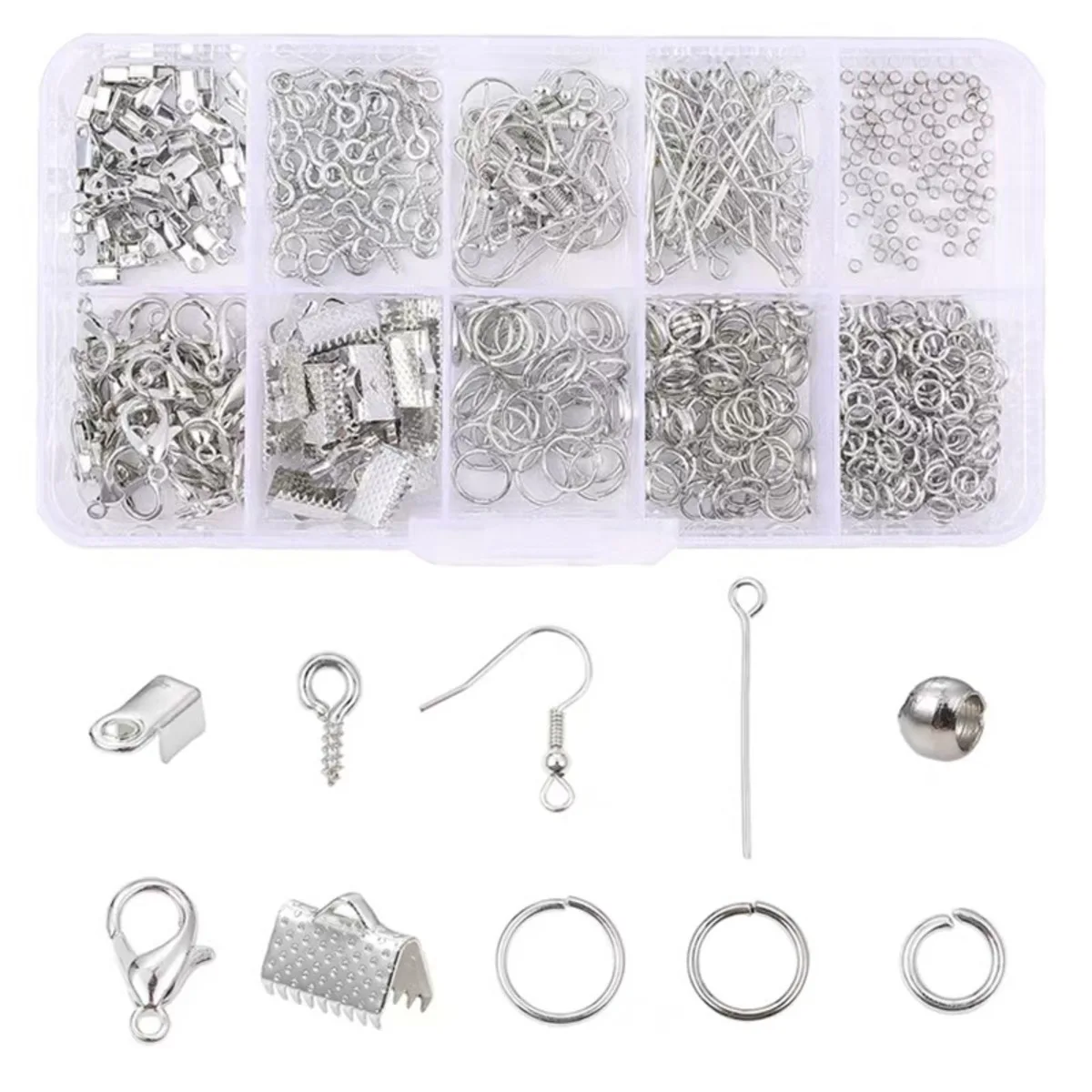 700PCS 4Color 10 Grid Box Decoration Accessories Lobster Buckle Horse Buckle Opening Single Circle Ear Hook 9 Character Needle image 3