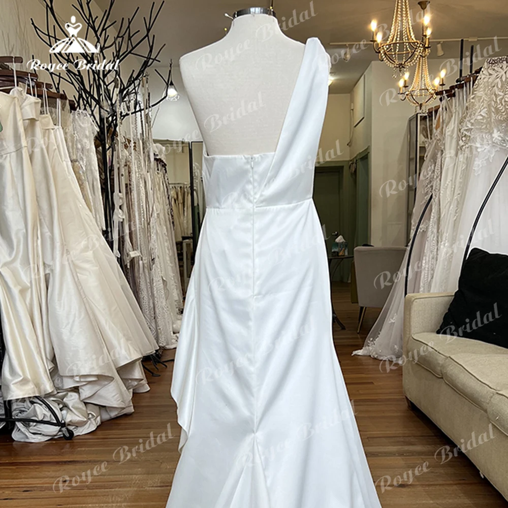 Einfache sexy eine Schulter Falten Satin Meerjungfrau Brautkleid für Frauen Boho Brautkleider Sweep Vestidos de Novia Robe de Mariée