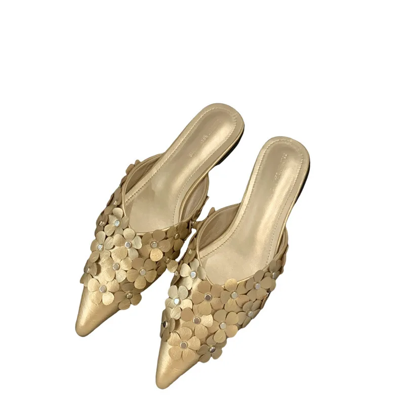 

Gold Floral Pointed Toe Mules for Women Elegant Slip-On Flats Casual Chic Embellished