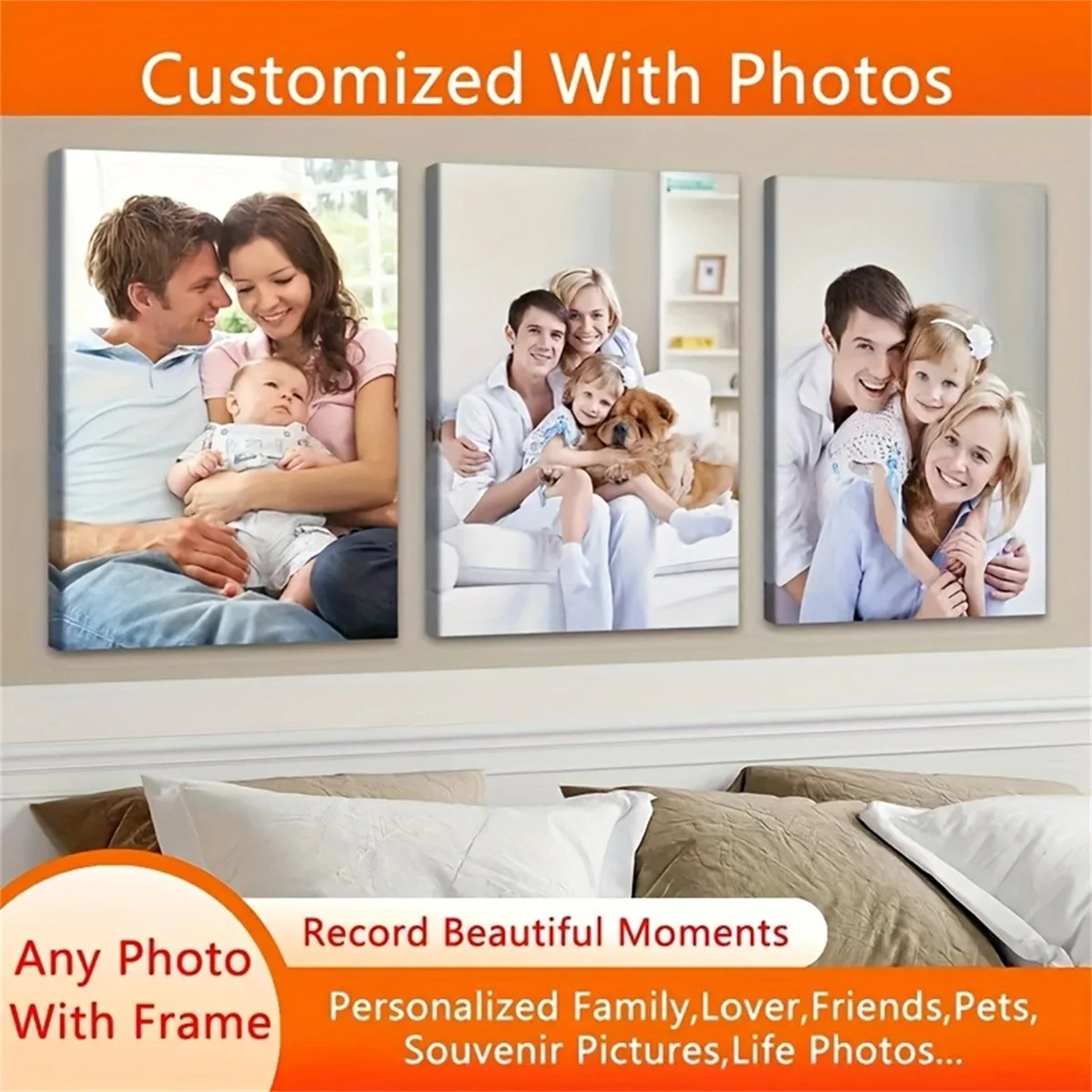 Set of 3 Customizable Canvas Art Prints — Personalized Photos, High-Quality Customization, A Unique and Ideal Personalized Gift