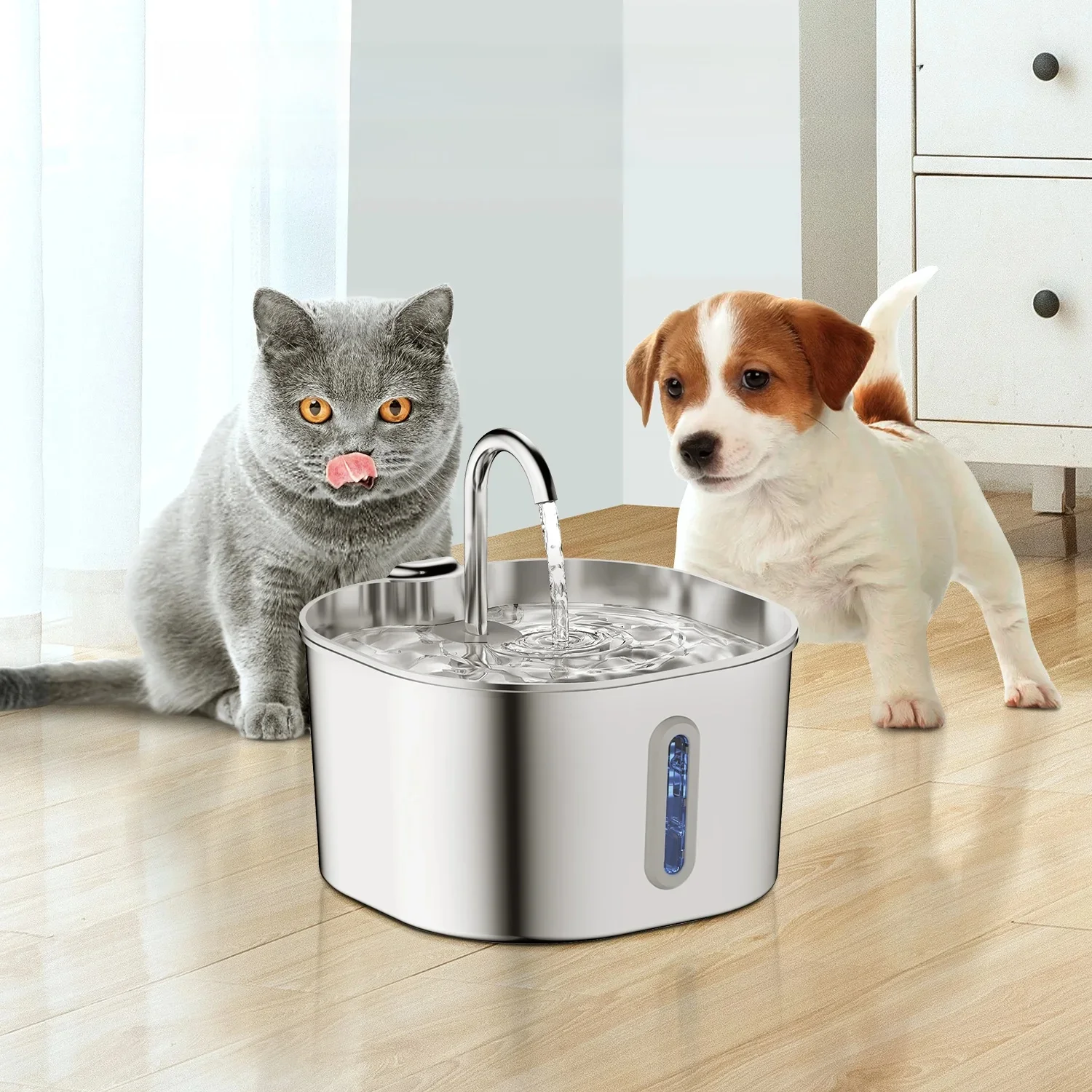 2,2L automatische kattenfontein roestvrijstalen waterdispenser voor huisdieren Stille waterpomp Circulatiefiltering Visueel venster - afbeelding 2