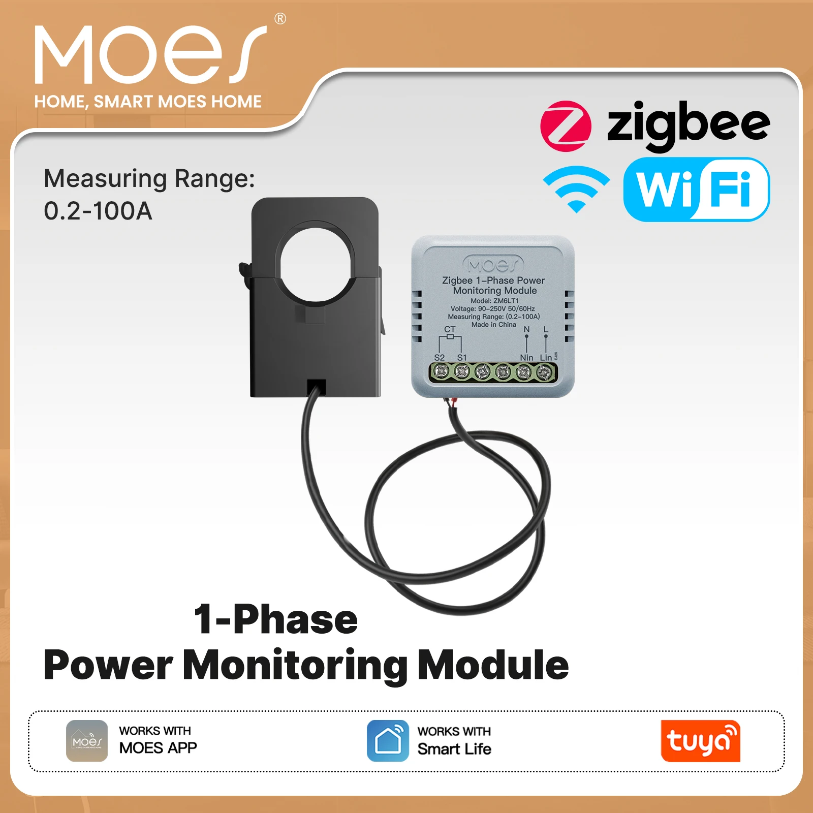 MOES Tuya ZigBee / WiFi Smart Energy Power Meter 100A 1 Phase APP Monitoring Module Bidirectional CT Clamp Current Sensor