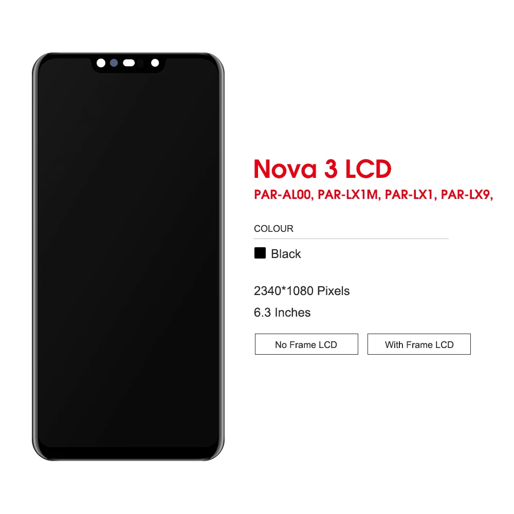 Nova 3 Screen with Frame for Huawei nova 3 PAR-LX1M PAR-LX9 Lcd Display Touch Screen Digitizer Assembly Replacement