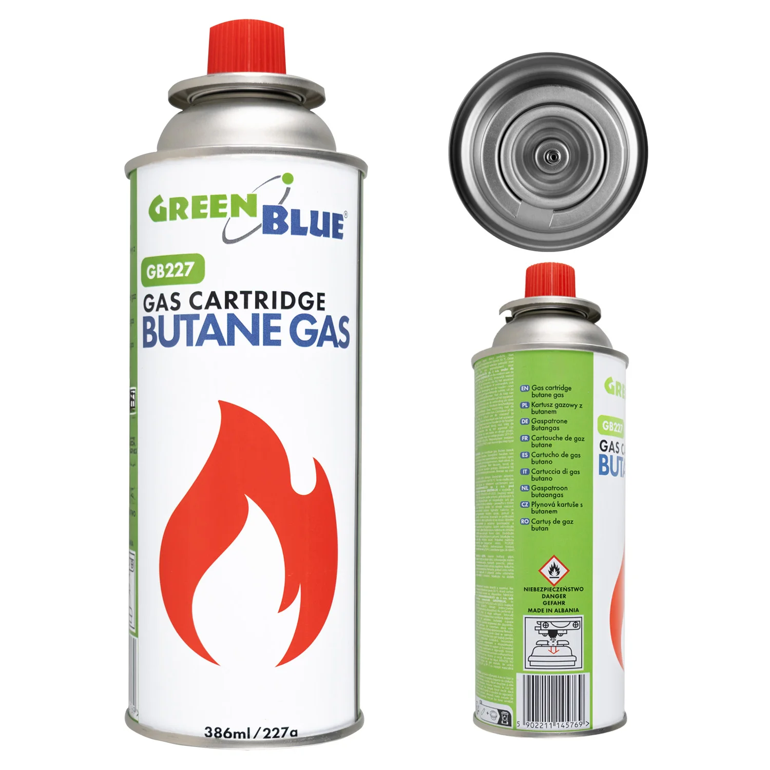 Cartouche de gaz pour réchaud à gaz 227g butane, plage de fonctionnement -10 ° C à + 40 ° C, GB227 Vert Bleu