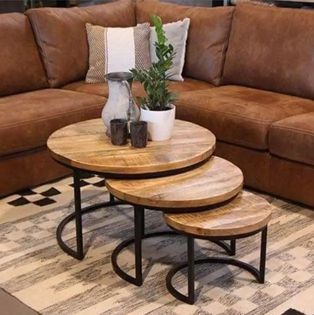 Living Room Living Room Decorative Round Coffee Table Wooden Metal 3-Set Nesting Mdf PVC Atlantic Pine Modern Coffee Table