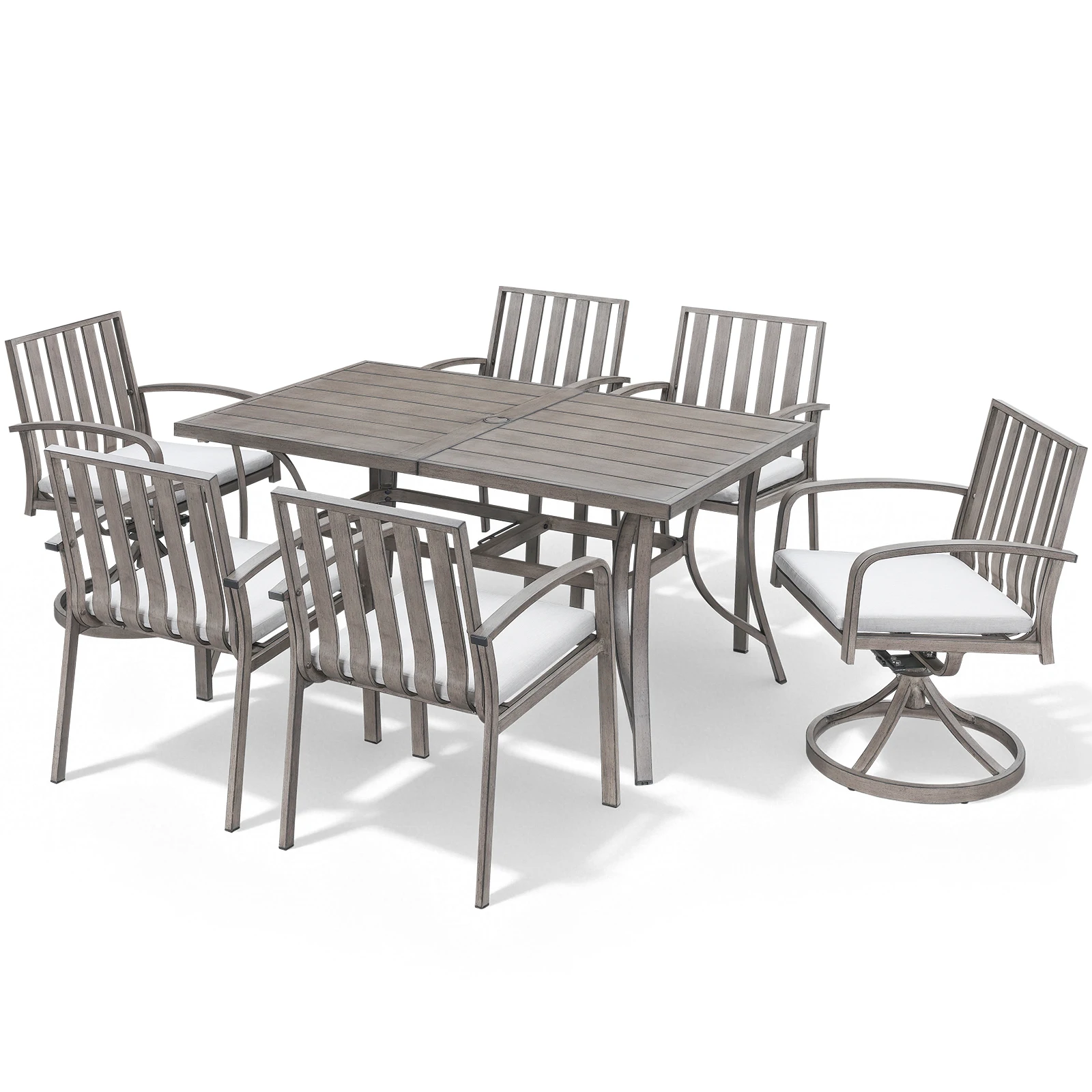 

SeeHill 7-Piece Patio Dining Set, Aluminum Table with 4 Chairs and 2 Swivel Chairs, Umbrella Hole, Deck, Garden, Limed Oak