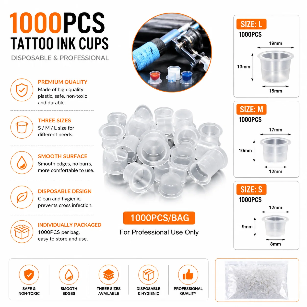 Audersigt 1000Pcs Professional Tattoo Color Cup Anti Falling Plastic Liquid Container Beauty Tools Tattoo Accessories