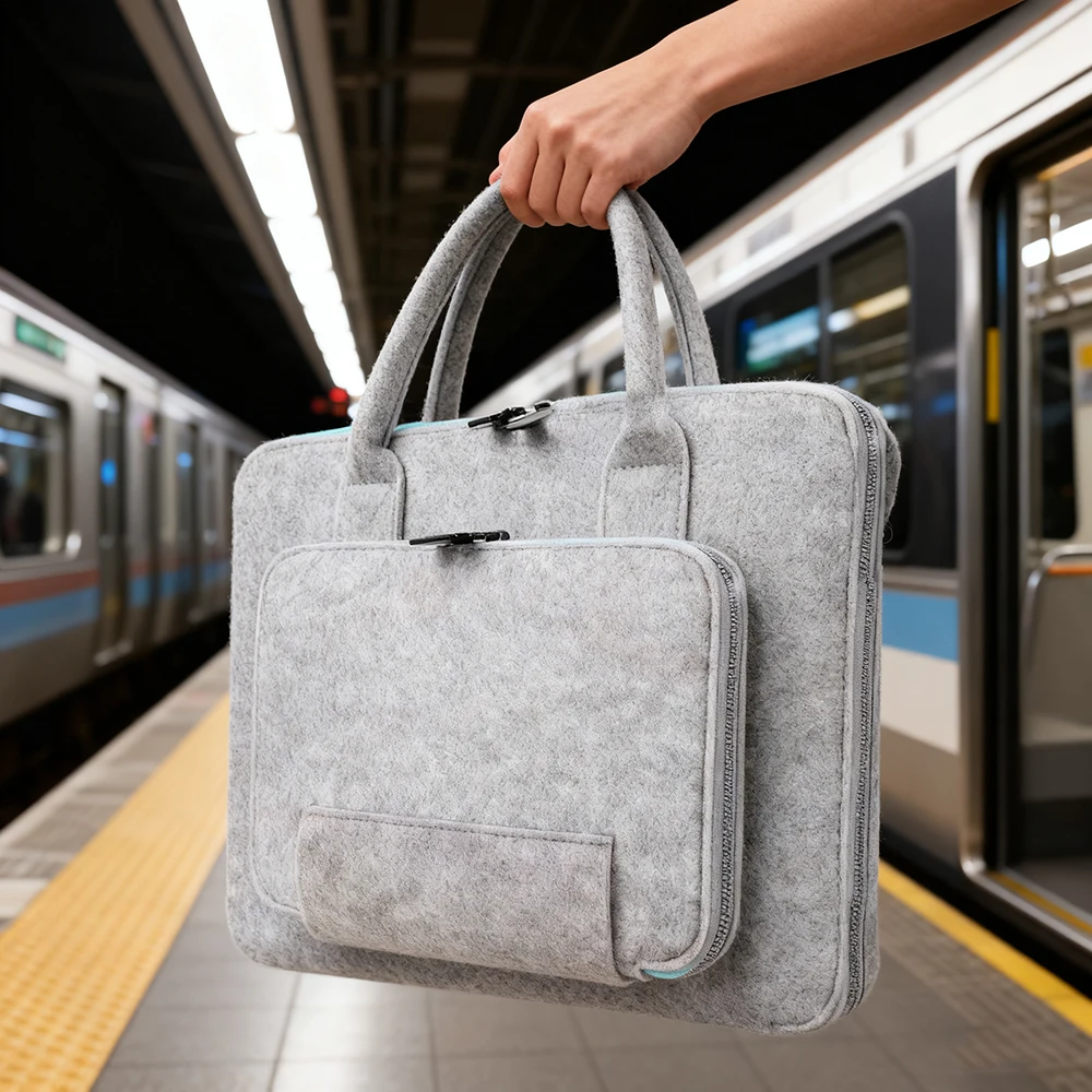 Felt Bag Felt Tote Bag Multifunctional Handbag Double Zipper Computer Bag Portable Computer Bag