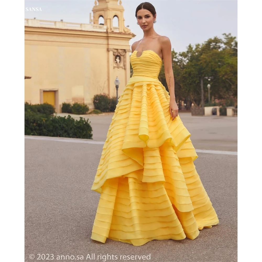 

Sansa Customized Asymmetrical Tiered Ruffle A-line Yellow Prom Dress Sleeveless Vestidos De Noche Floor-Length Formal Evening