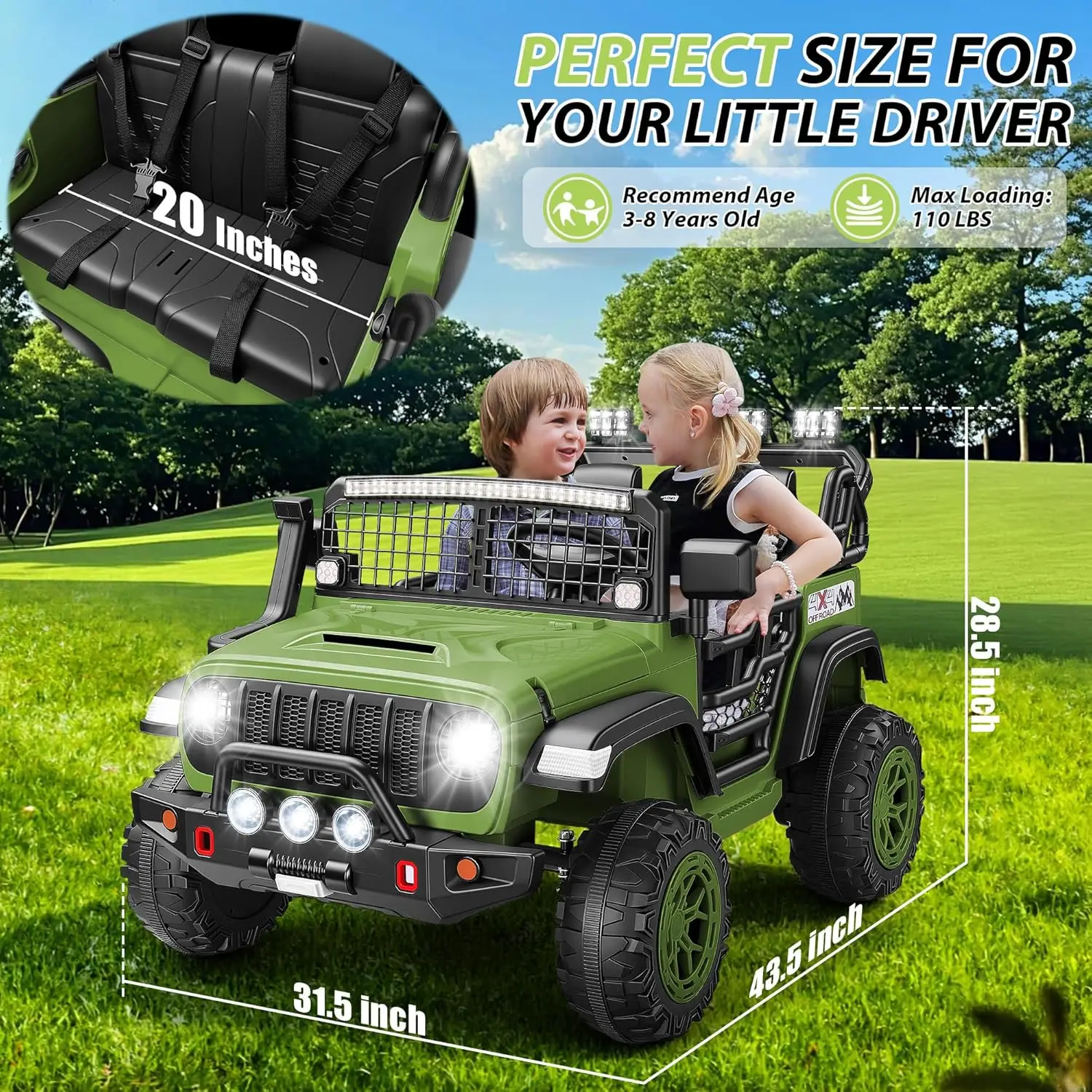 Elektryczny samochodzik dla dzieci 24V, 2-osobowy, z pilotem, 3 prędkości, muzyka, zawieszenie sprężynowe, światła LED dla chłopców i dziewczynek