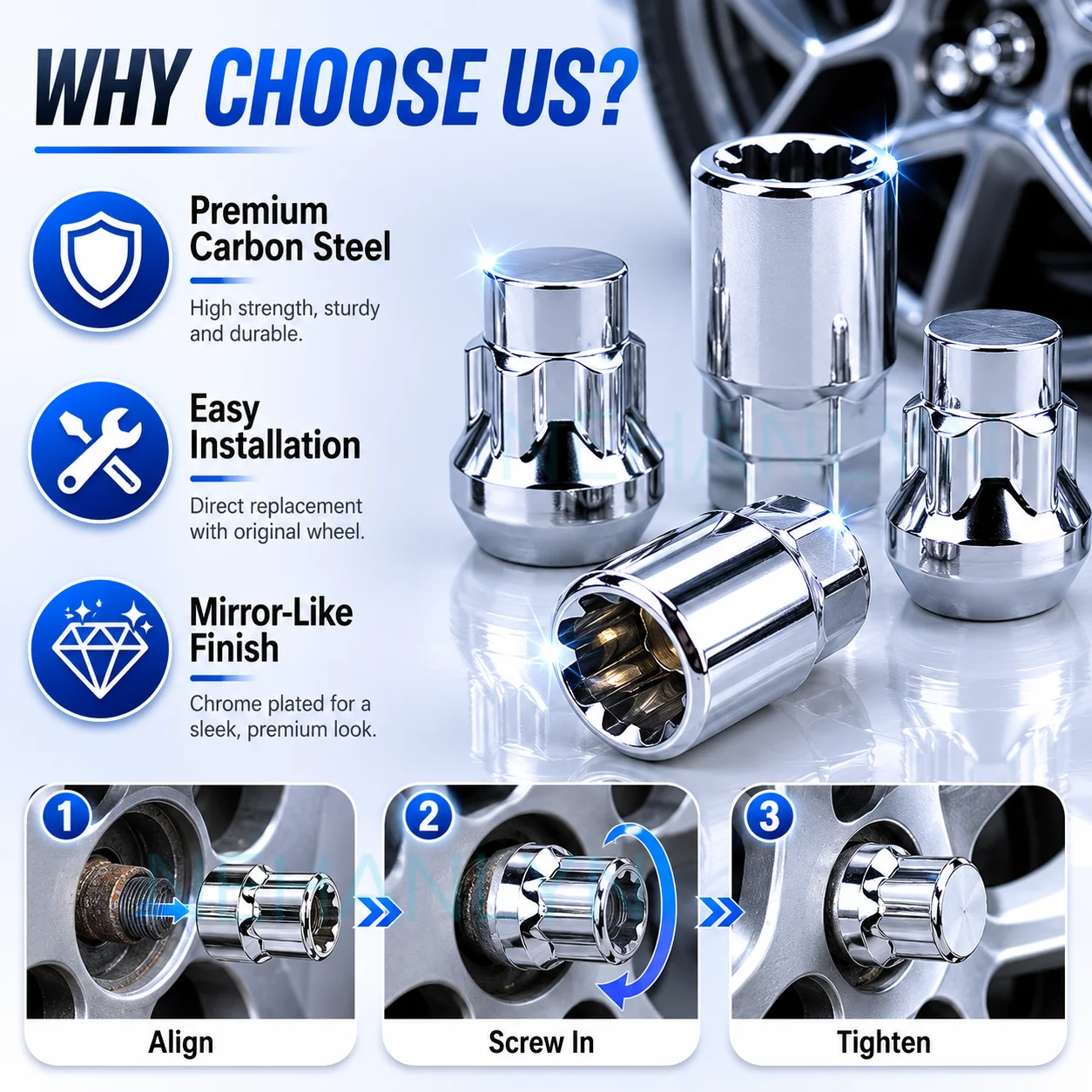 Anti-Theft Wheel Lug Nuts for Honda Toyota Hyundai Kia M12x1.5 Premium Steel Security Locking Bolts Set 4 Nuts + 1 Socket