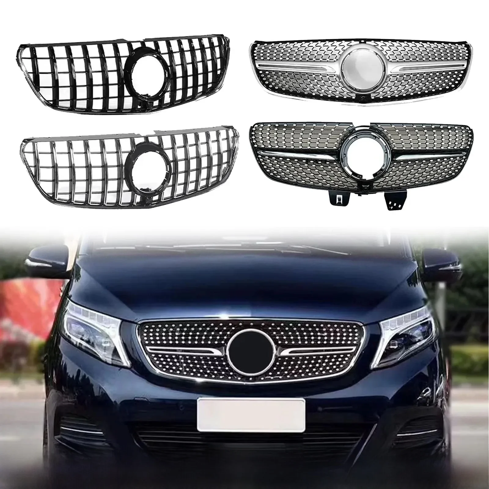 Voor Mercedes Benz V Klasse Vito W448 W447 2015-2023 Midden Mesh Tuning Sport GT Diamant Stijl Voorinlaat Grille radiator Grill - afbeelding 2