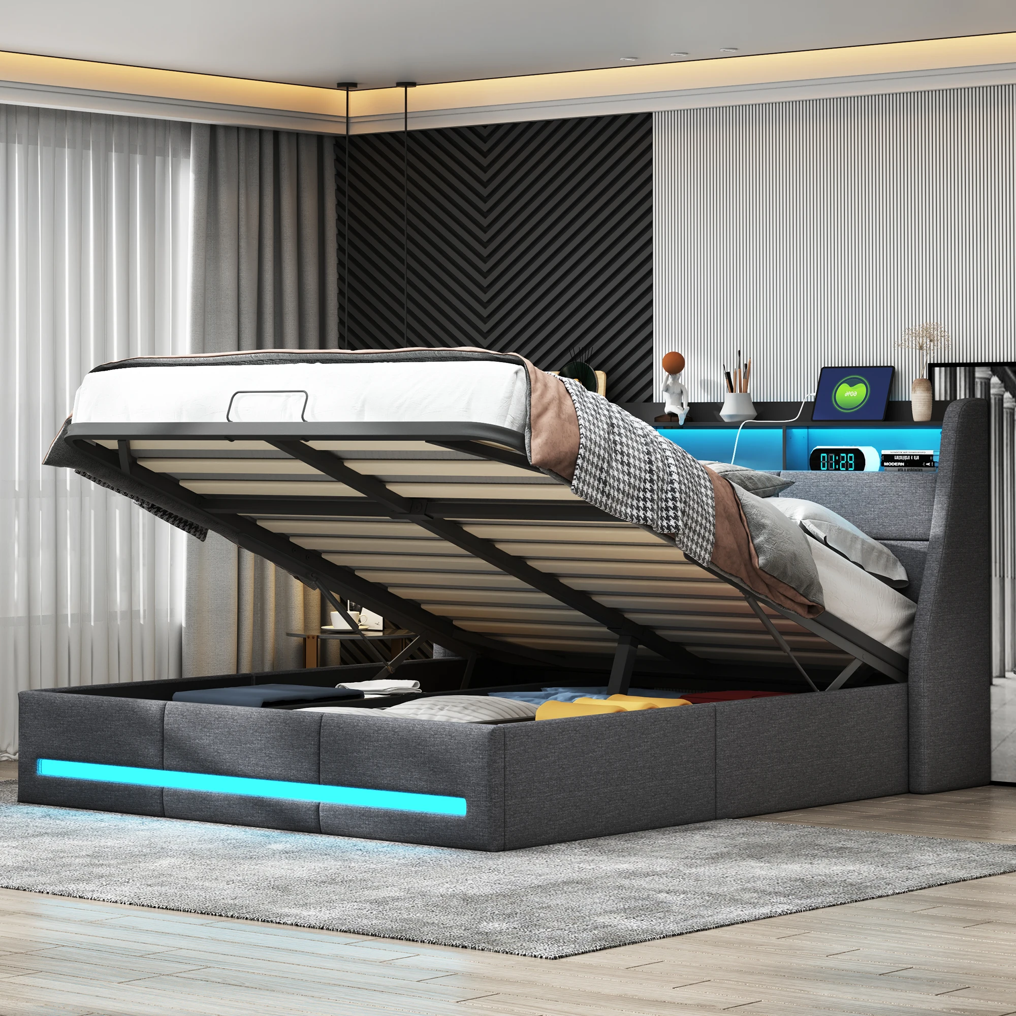 Lit Coffre 140x200 avec Sommier LED ,Lit Capitonné avec USB Lit Hydraulique 140x200 avec étagères et Rangement Lit 2 Personnes