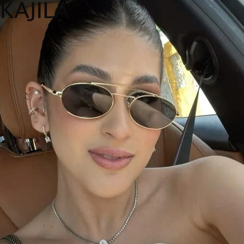 

Small Oval Metal Frame Steampunk Sunglasses Women 2025 Luxury Brand Retro Double Beam Shades Vintage Punk Eyewear For Ladies