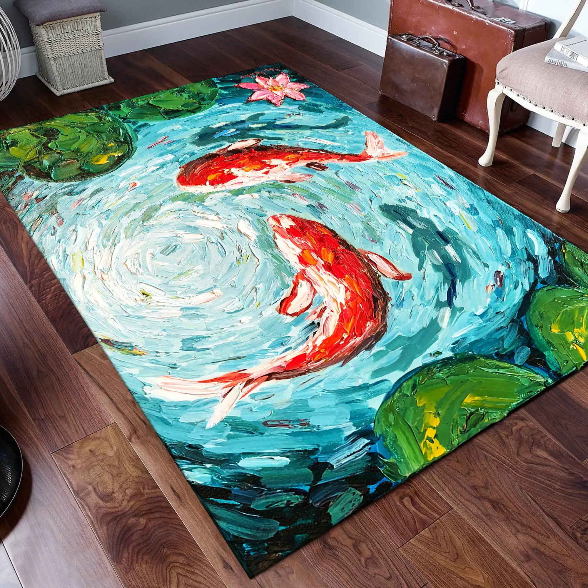 Fish Pond Oil Painting Rug Fish Aquarium Theme For Living Room Rug Gift Home Decor Kids Room Non-Slip Soft Flannel Carpet