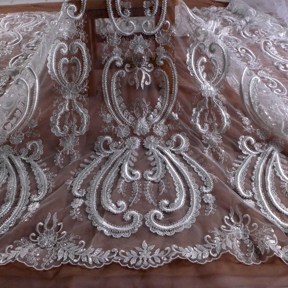 

HelluyerDC Off-White heavy beading lace fabric,beautiful patterns lace for fashion,wedding,evening,dance gown by the yard