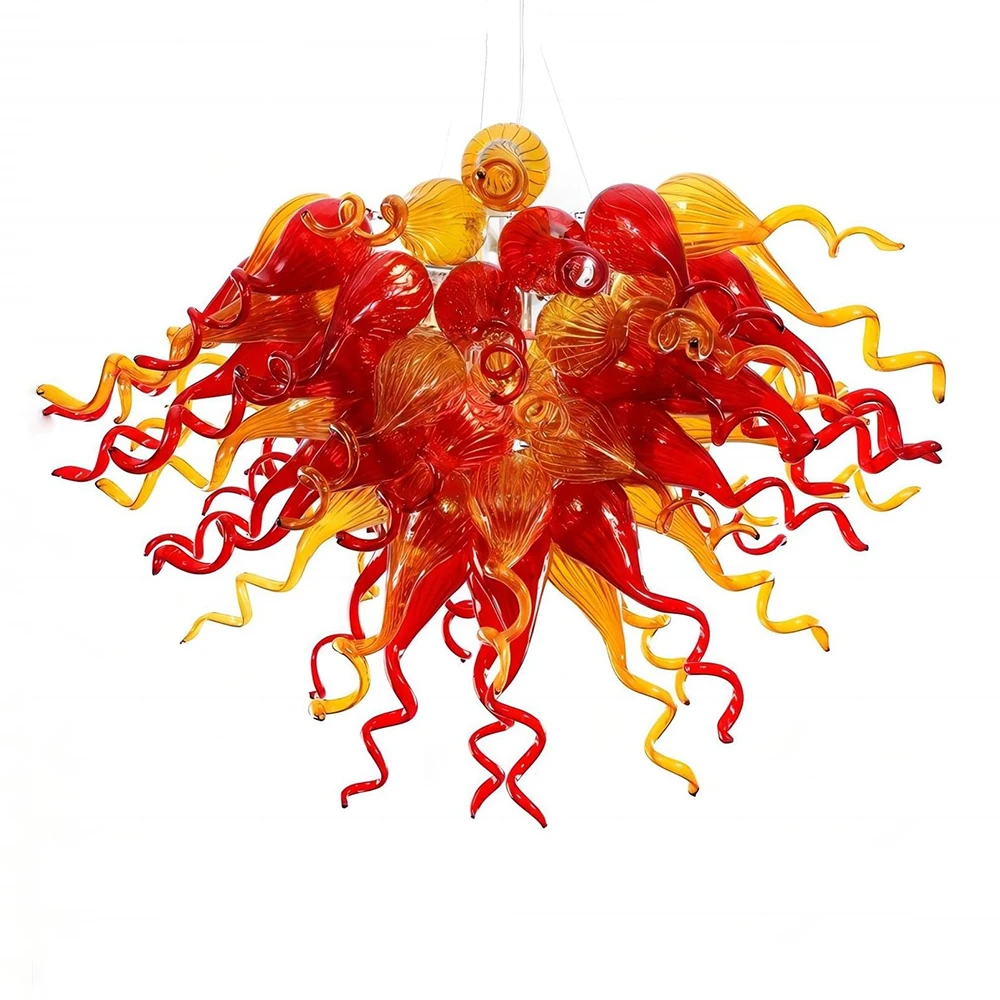 Longree Sun Flare Blown Glass Chandelier Chihuly Style Red And Amber Light Fixture Living Dining Room Kitchen Island