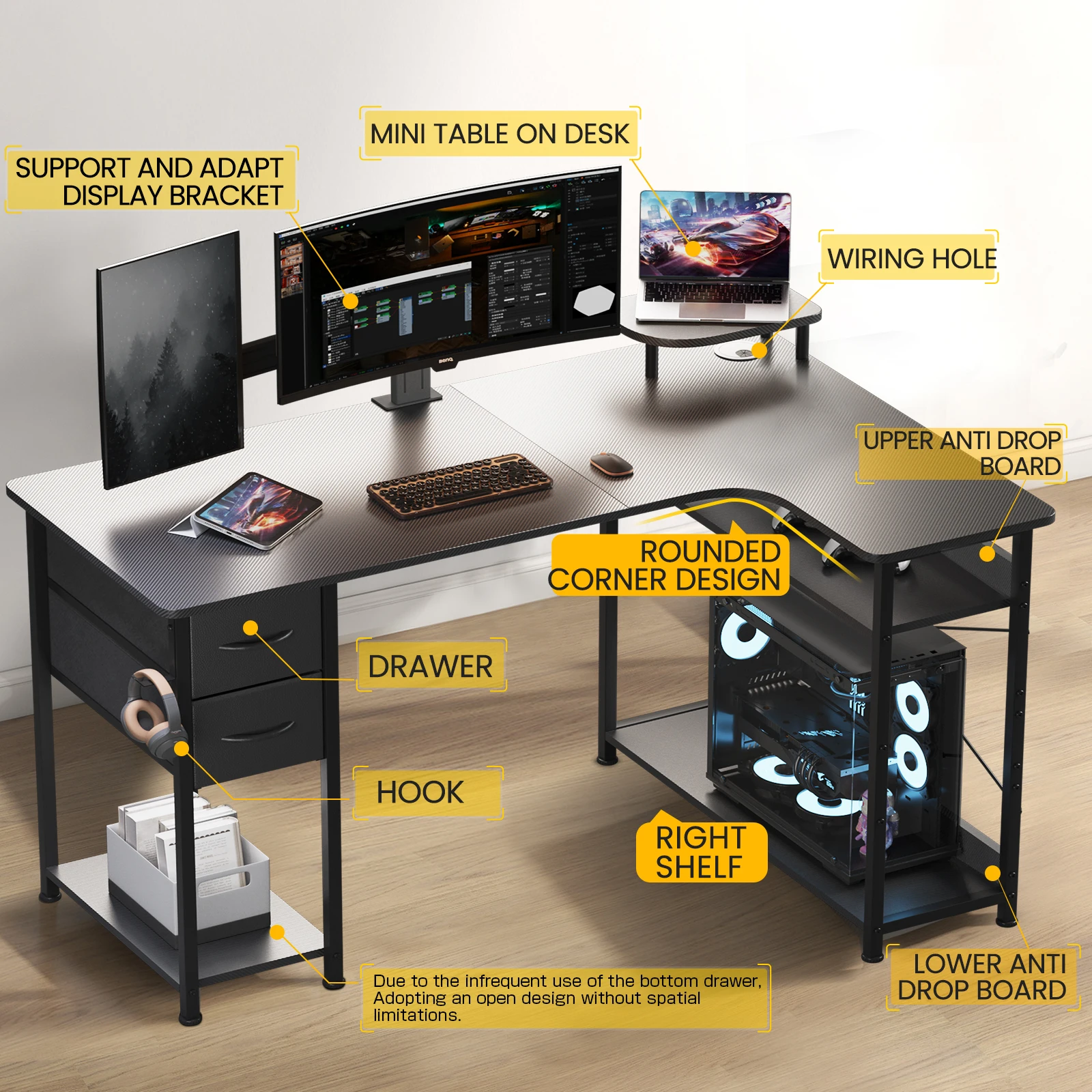 Mesa de jogos em forma de L com gavetas, mesa de computador de fibra de carbono com braço de monitor, mesa de jogos para mesas de escritório doméstico