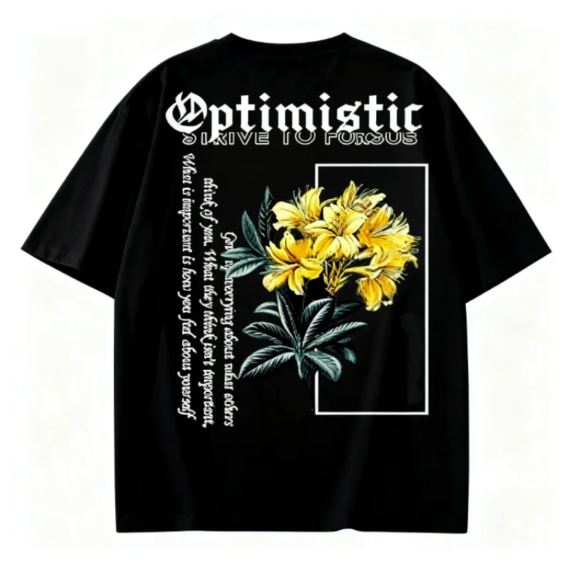 متفائل الأزهار المطبوعة قصيرة الأكمام تي شيرت الرجال الشارع الشهير فضفاض عارضة الهيب هوب نمط أعلى مع شعار ملهم #1