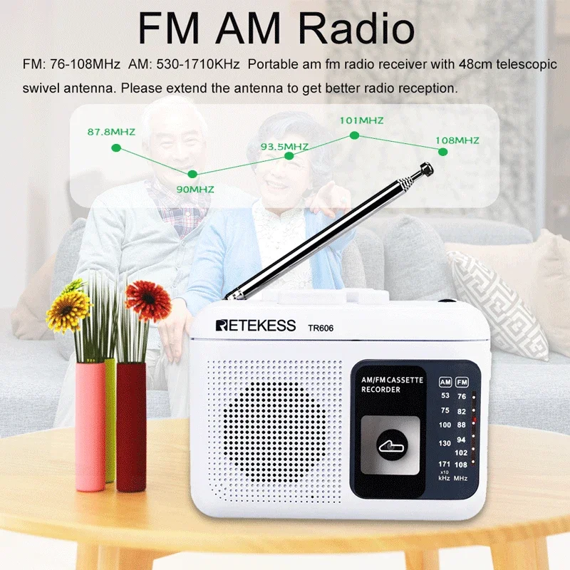 White Cassette Playback Radio FM/AM Portable Radio Voice Recorder Support Built-in/External Microphone Recording USB Chargable