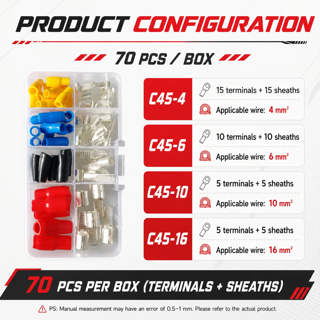 70/140PCS/260PCS Set C45 Insert 1.5-10mm2 Copper Circuit Breaker Plug Pin-Shaped Cable Wire Lug Insert Crimp Terminal