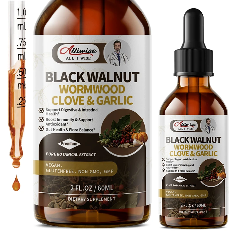 Alliwise Black Walnut Wormwood Liquid Drops 10 in 1 Supplement for Cleanse, Detox, Digestive Health Gut-Friendly, Alcohol-Free