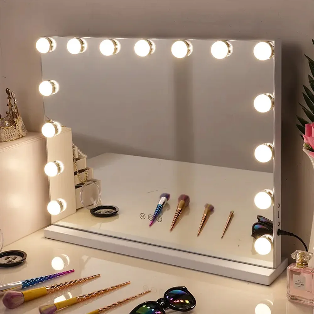 Miroir de maquillage Hollywood à 15 LED avec loupe 10X - Miroir de vanité rechargeable par USB, à intensité réglable, avec commande tactile, éclairé, pour chambre et salle de bain