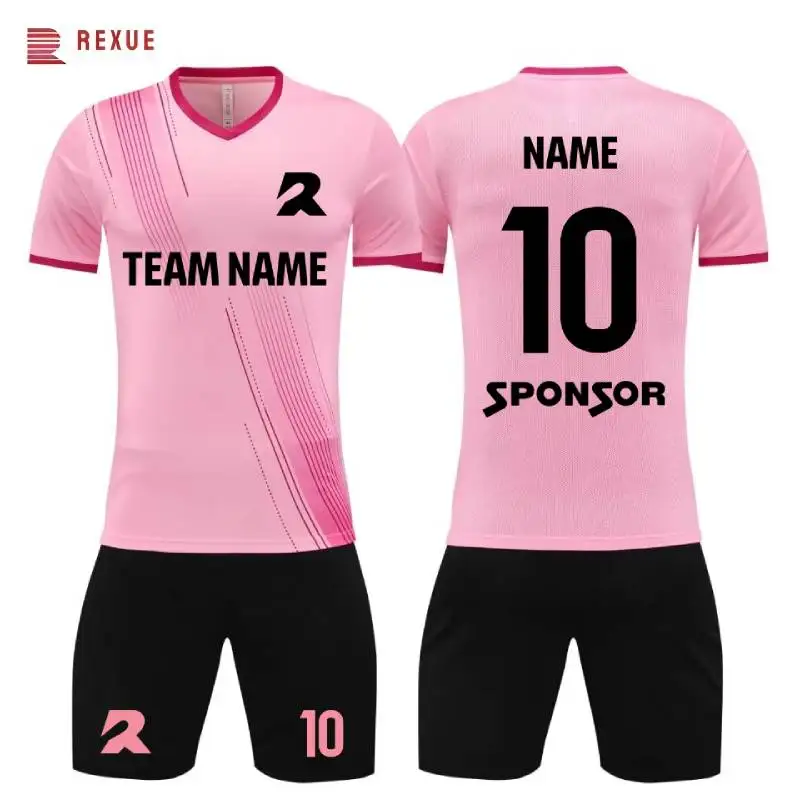 

Pink Soccer Training Jersey Set 2 Piece Shirt And Shorts Custom Blank Kids Men Football Clothes Soccer Team Uniforms Print Logo