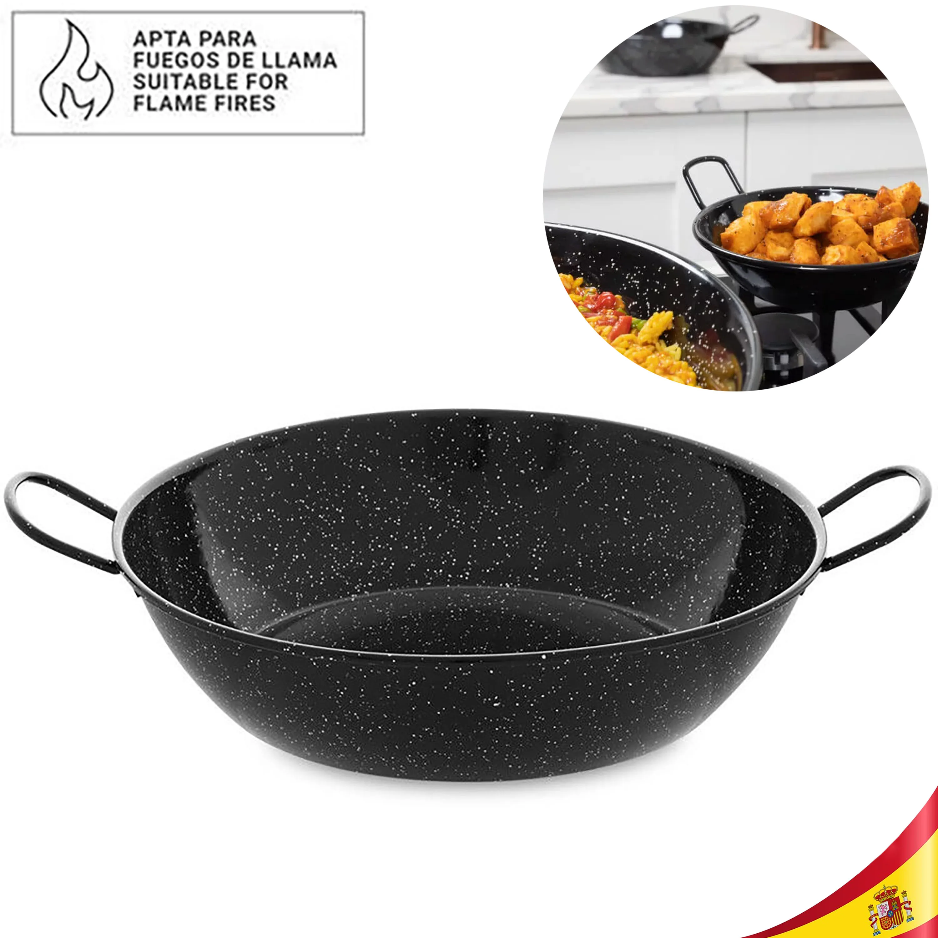 Sartén Honda Esmaltada con Asas de 14 a 60 cm y Amplia Capacidad, fabricada en acero laminado en frío con recubrimiento de esmalte antiácido, fácil limpieza, apta para fuego y horno ideal para cocinar guisos y frituras