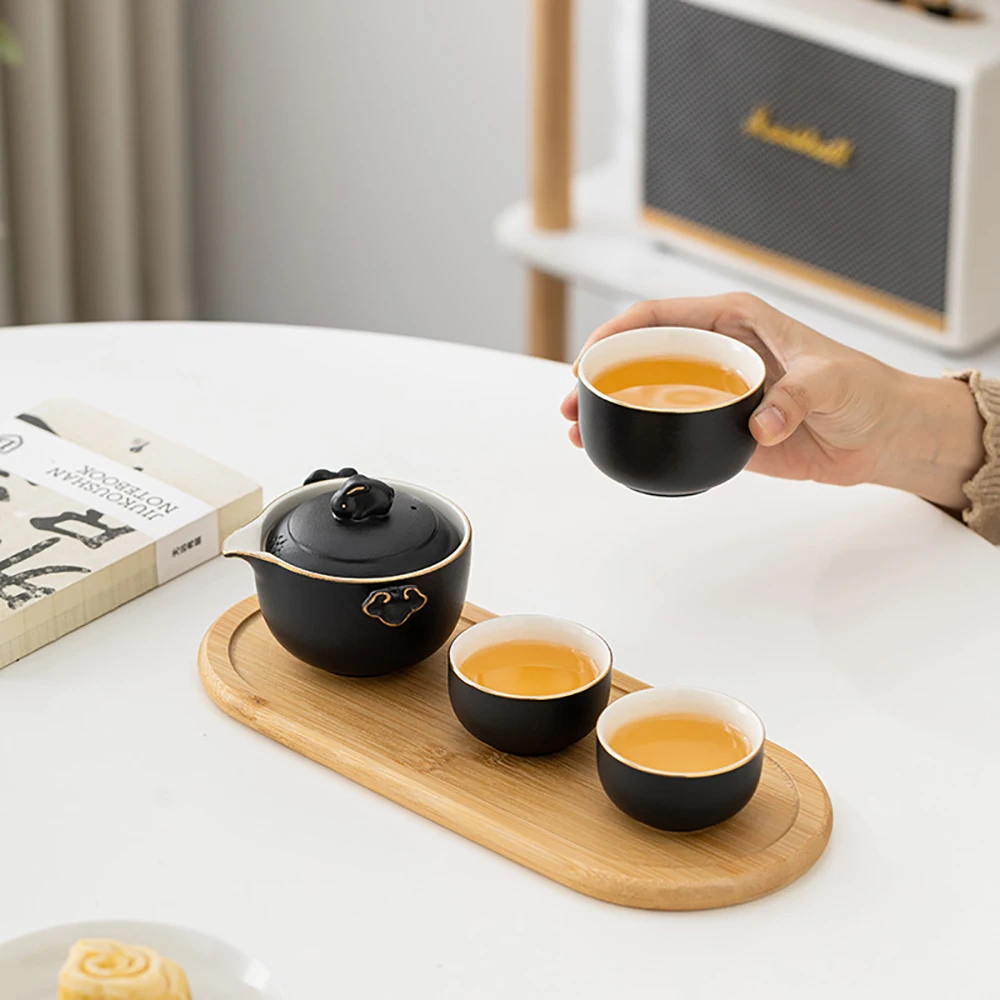 Travel tea set fast guest cup ceramic cup a teapot three cups gift small set car portable with travel bag insulated tea set