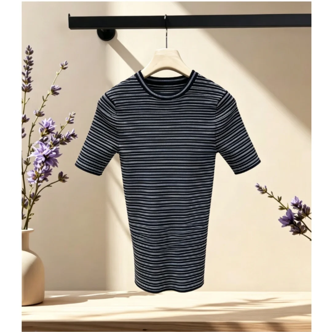 

Summer New Style Women's Fashionable Blue-black Fine Stripe Knitted Short-sleeved Top