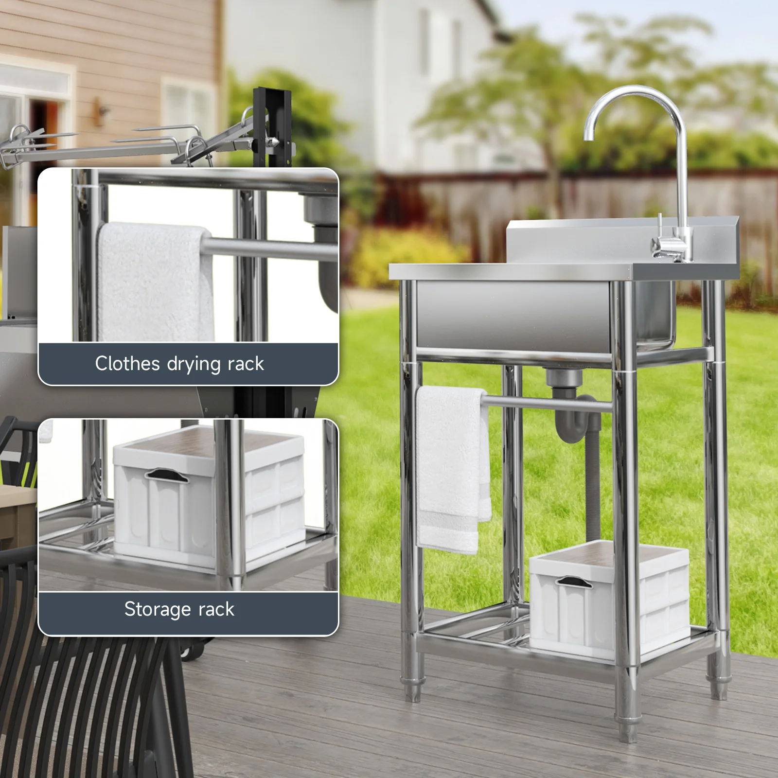 Free Standing Stainless Steel Commercial Restaurant Kitchen Sink Utility Sink with Deep Basin Bowl for Restaurant Kitchen