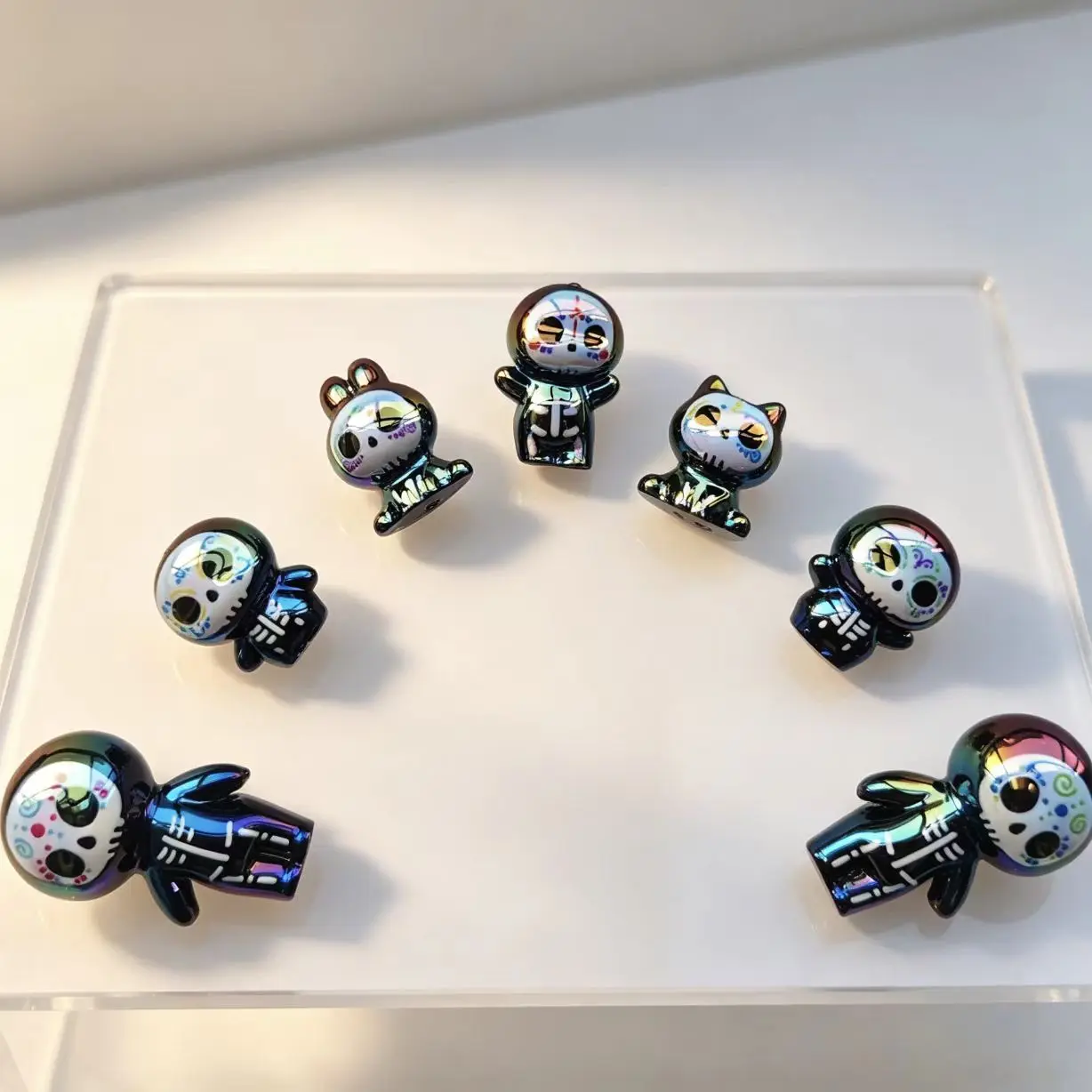 7pcs Cute Day of the Dead Skeleton Figurine Beads Through Hole Charms DIY