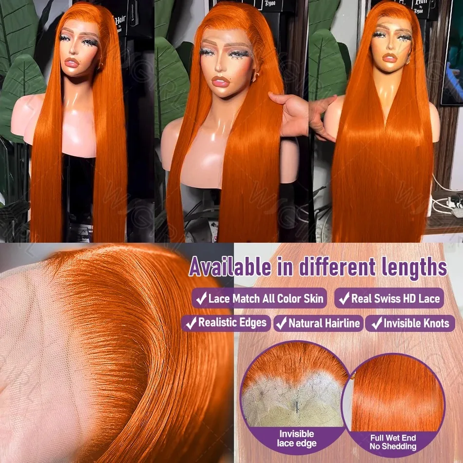 Bone Straight Orange Ginger 13X5 HD Прозрачный парик фронтальной части шнурка Парики фронтальной части шнурка Человеческие волосы 350 Цветные бразильские 200% для женщин