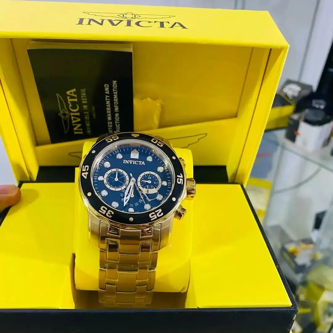 Relógio Masculino de Luxo Invicta Pro Diver 0072 Banhado a Ouro 18K Funcional À Prova D'água Enviado Completo na Caixa