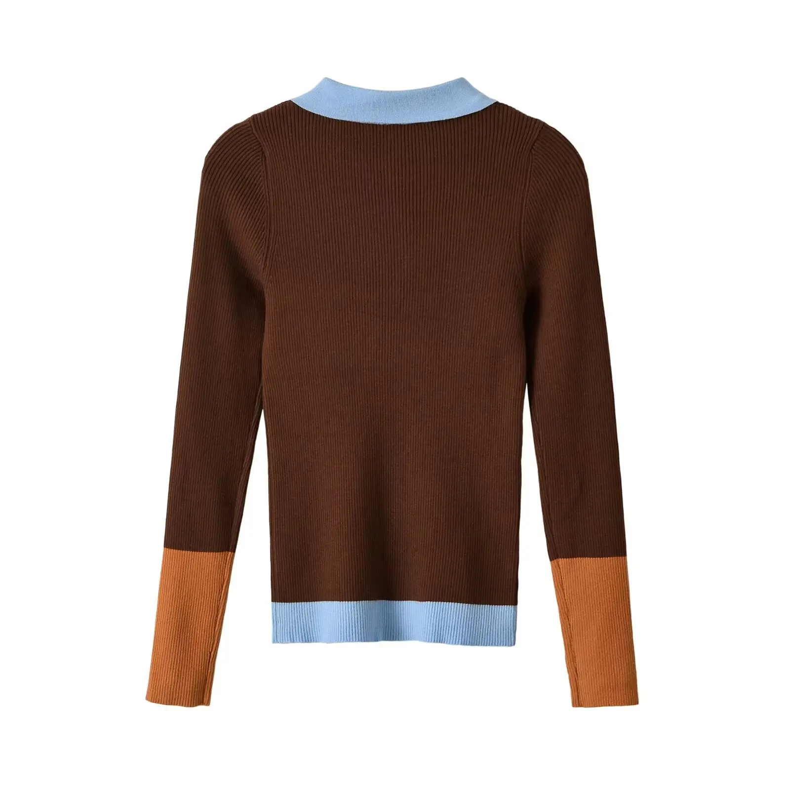 Womens Vintage Colorblock Long Sleeve Polo Sweater Turn Down Collar Ribbed Knit Top Casual Slim Fit Pullover Sueter Mujer