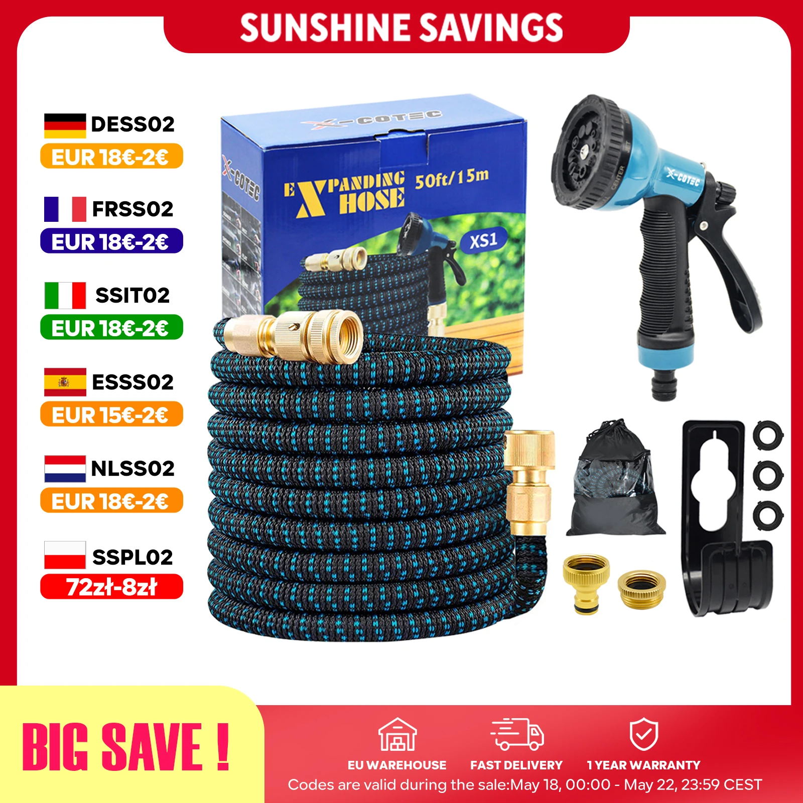 X-COTEC Manguera de Jardín Extensible 15m/30m, Tubo de Agua Flexible con Conectores de Latón 1/2" 3/4" y Pistola 10 Modos para Riego, Césped y Coche