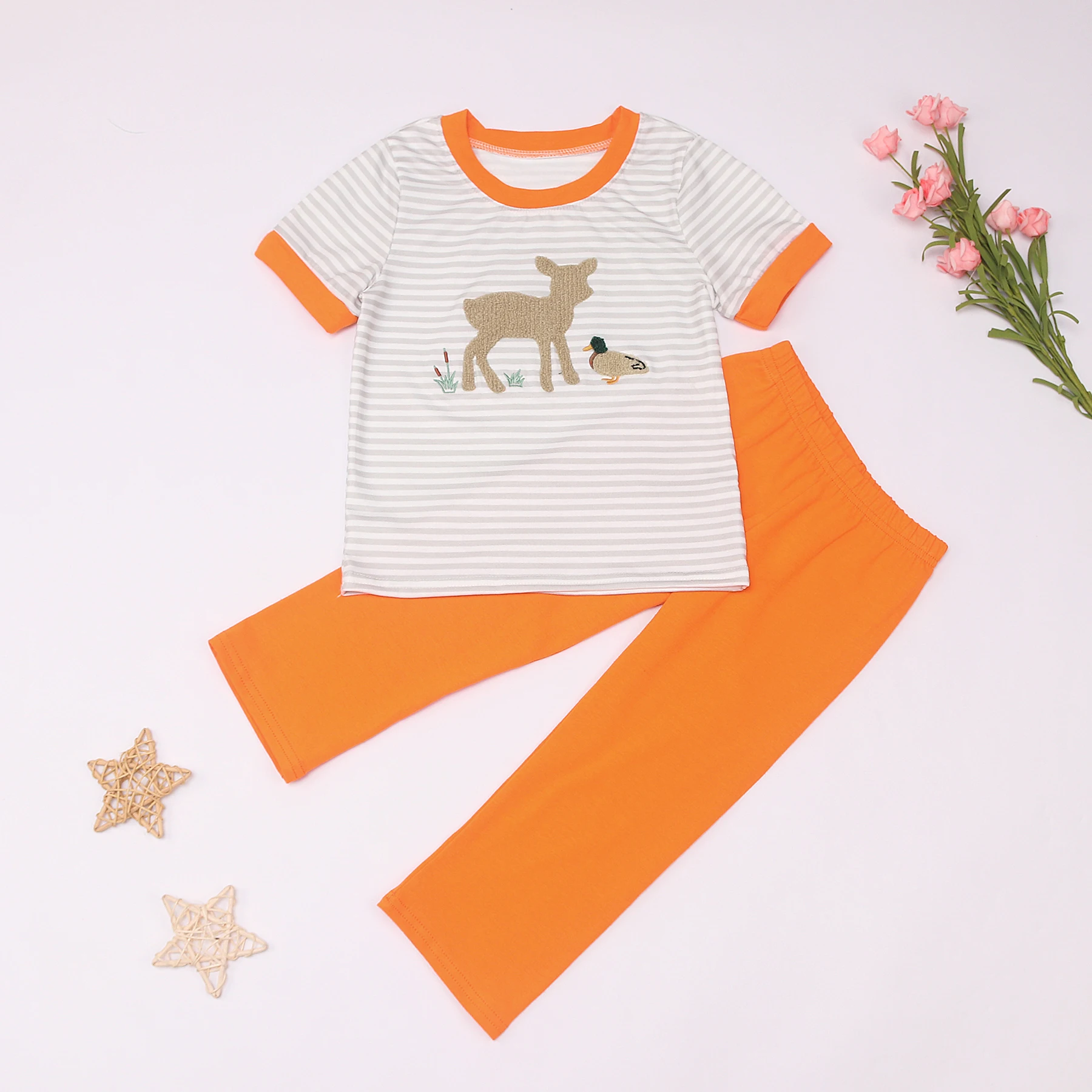 

French Knot Children Boys Clothes Orange Round Neck Kid Baby Suit Stripe Shorts Outfit Cotton Hunting Teenager Styles