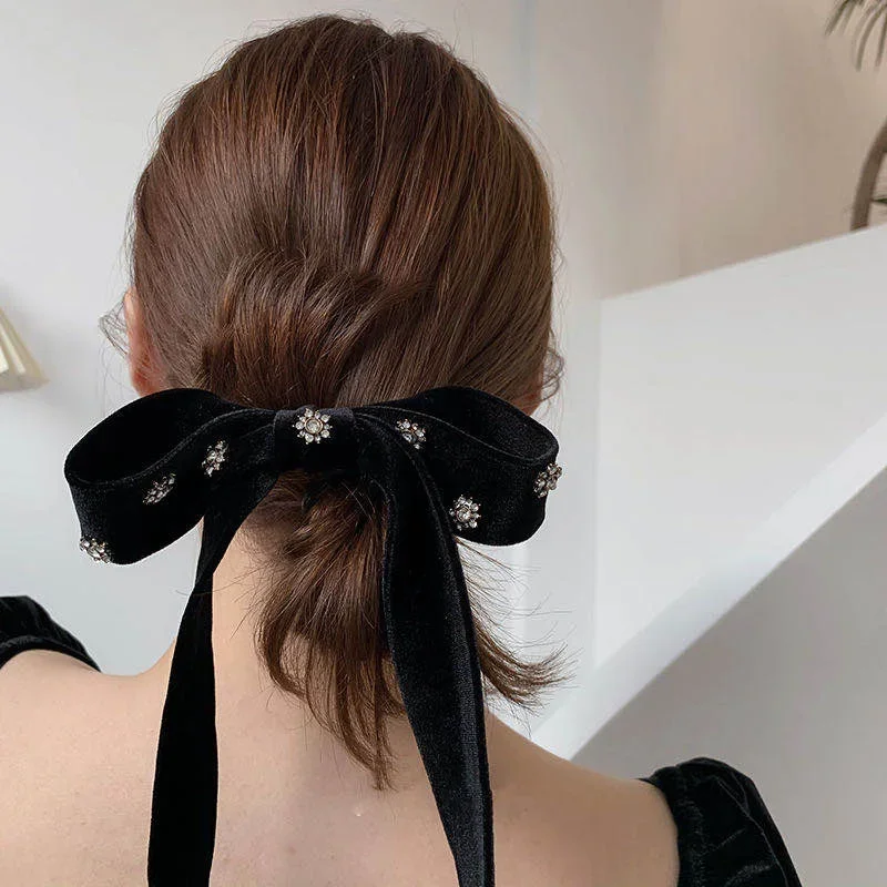 Koreański elegancki czarny rhinestone aksamitna duża kokarda top klip powrót głowa szpilka zacisk sprężynowy kobieta — zdjęcie 2
