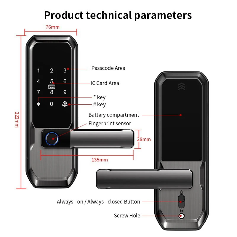 Smart Fingerprint Lock,Password Key Card,Tuya APP Control Aluminum Alloy Electronic Lock Black/Nickel/Grey Smart Lock