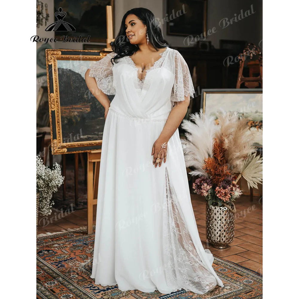 Vestido de casamento com decote em v feminino, vestido de chiffon, tamanho grande, renda para cílios, vestido de noiva para noiva, roupão sexy, tamanho grande, 2024